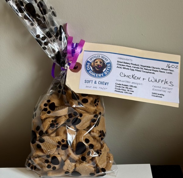 A 16 oz bag of Chicken & Waffles soft and chewy dog treats