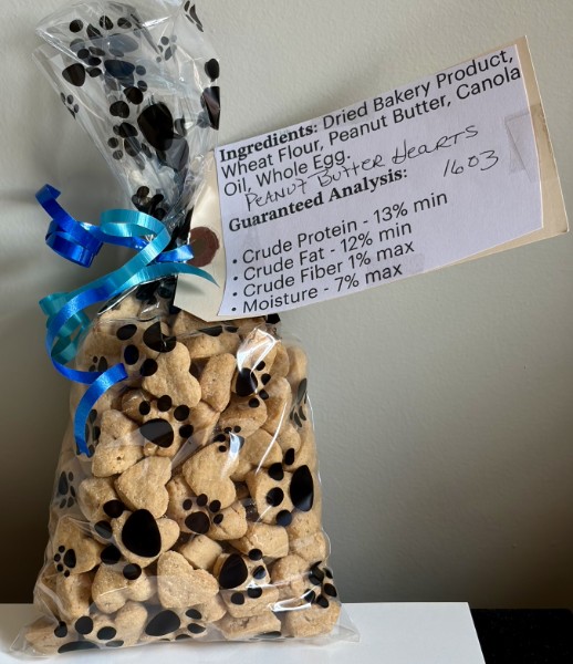 A 16 oz bag of Peanut Butter Hearts dog treats